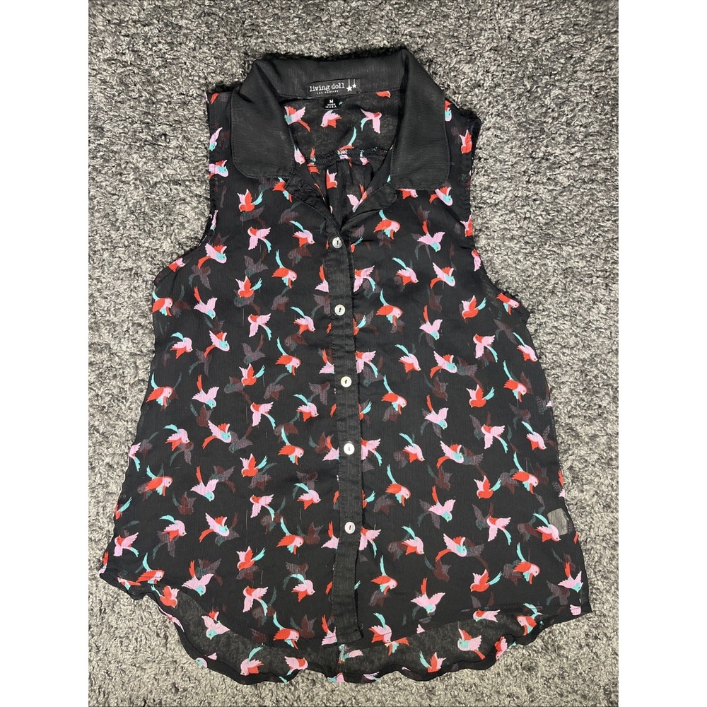 Living Doll Women's‎ M Sheer Black Bird Sleeveless Collared Button Up Top